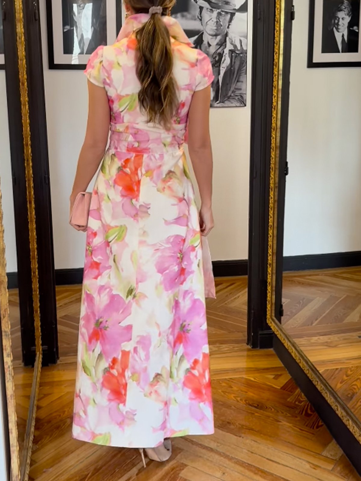 Elegant floral print shirt collar maxi dress