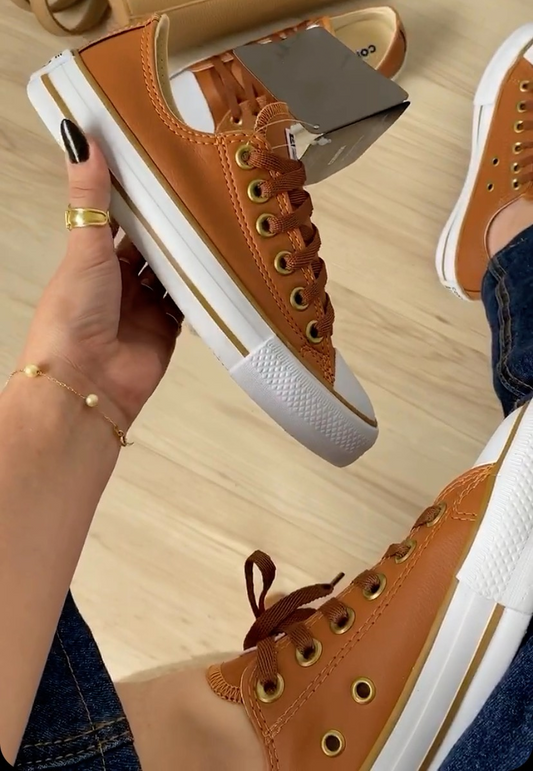 【Exclusive Promotion - Last Few Items】omen's Caramel-Colored Faux Leather Sneakers