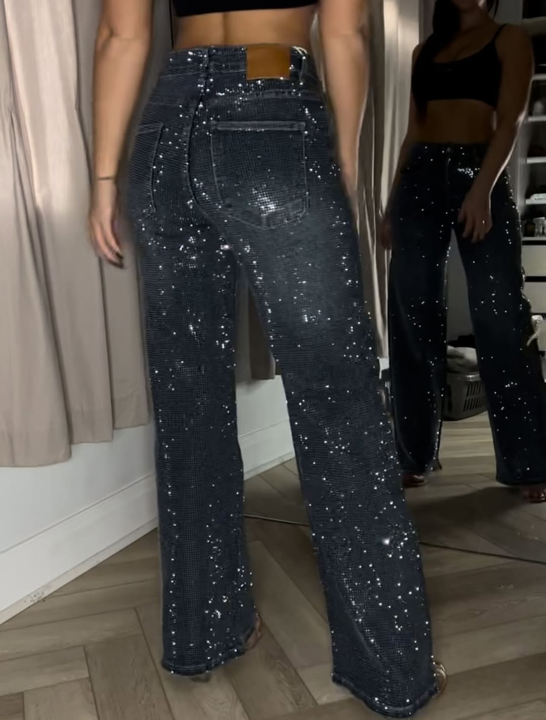 Dark Blue Diamanté Wide Leg Sparkle Covered Jeans