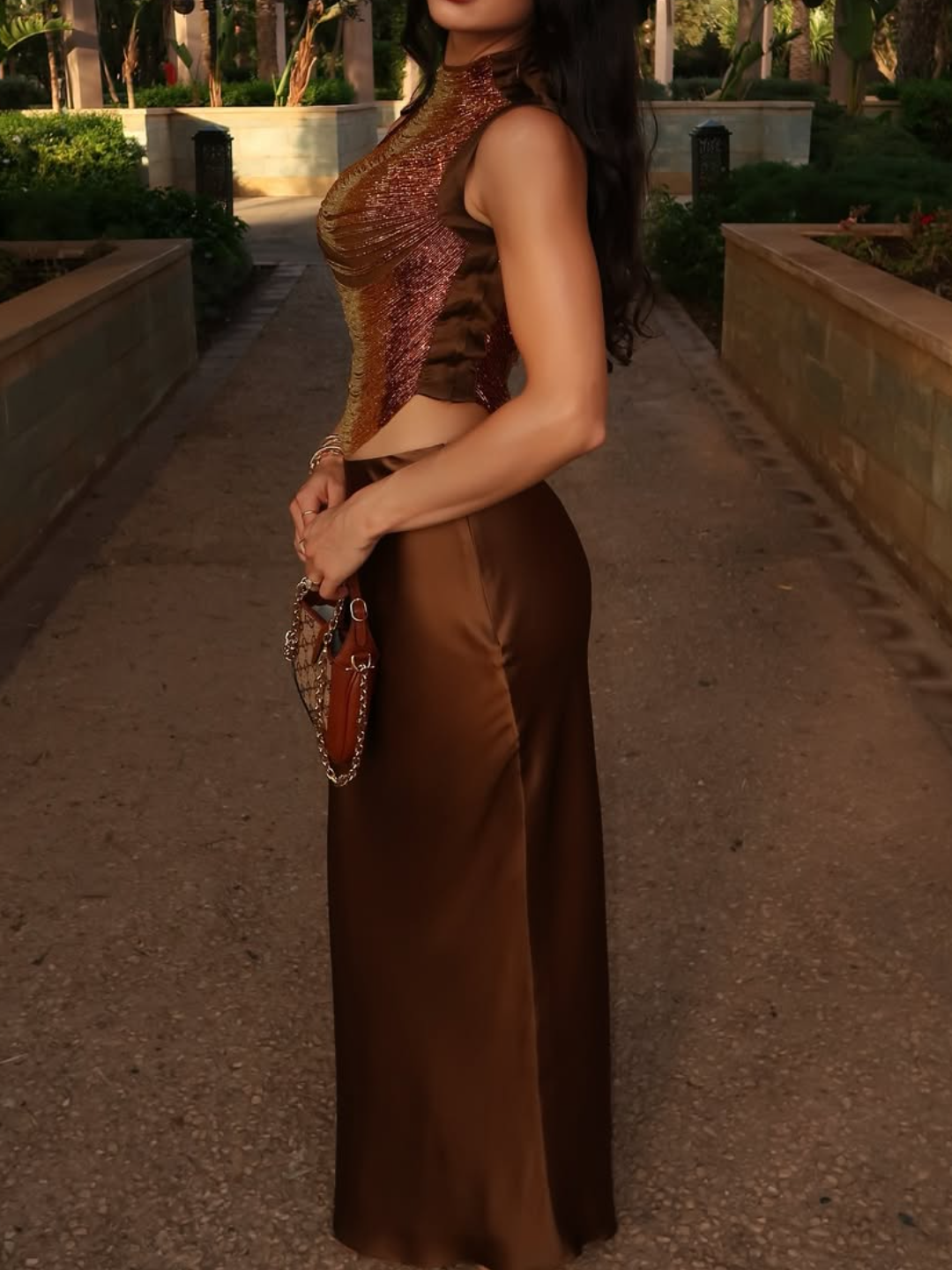 Gold tassel satin two-piece dress