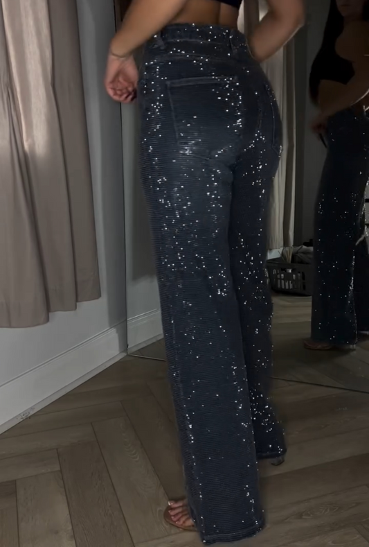 Dark Blue Diamanté Wide Leg Sparkle Covered Jeans