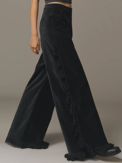 Fringed Velvet Flowy Wide-leg Trousers
