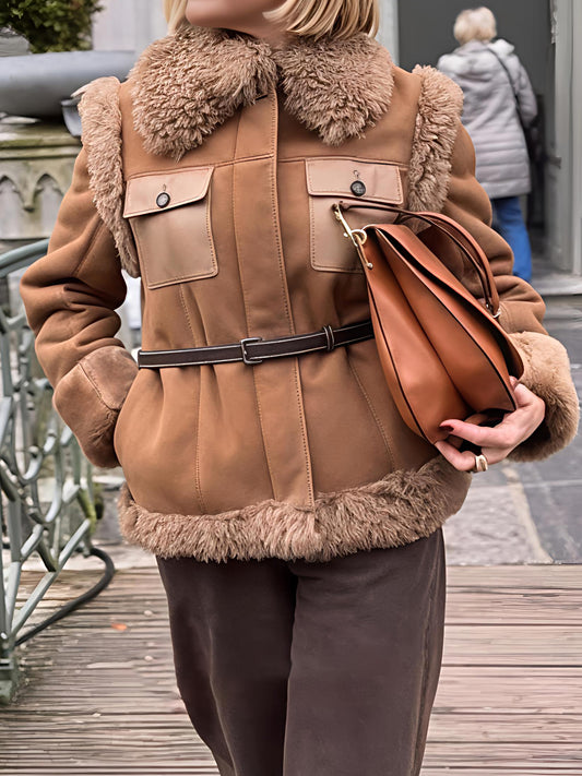 Notched Collar Suede & Shearling Jacket