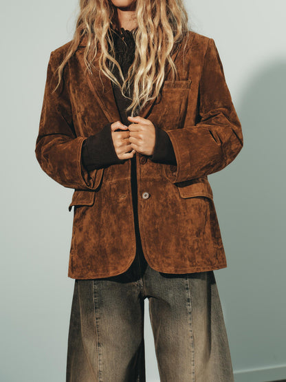 Front Flap Pockets Suede Leather Belted Blazer