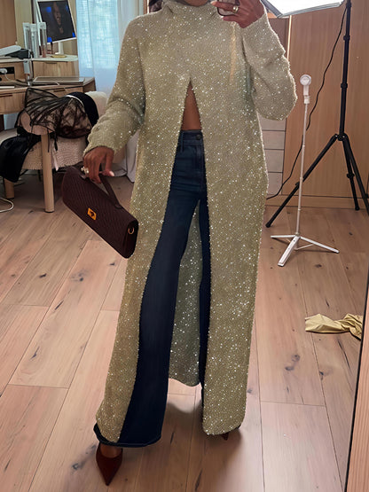 Ribbed Knit Mock Neck Metallic Sweater