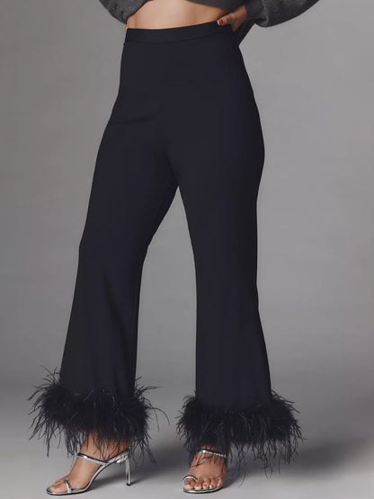 Feather Hem Detail Cropped Length Pants