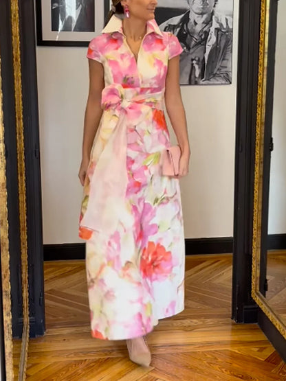 Elegant floral print shirt collar maxi dress