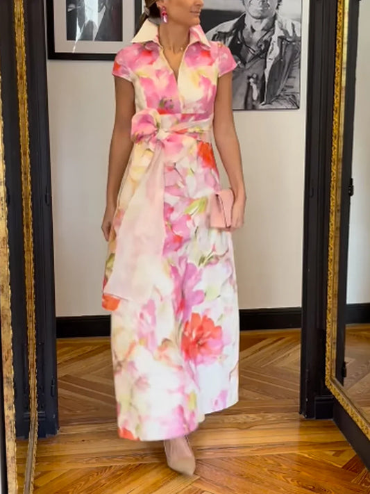 Elegant floral print shirt collar maxi dress