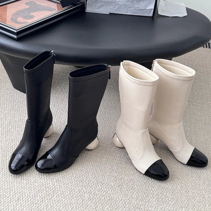 Big pearl chunky heel mid-calf boots