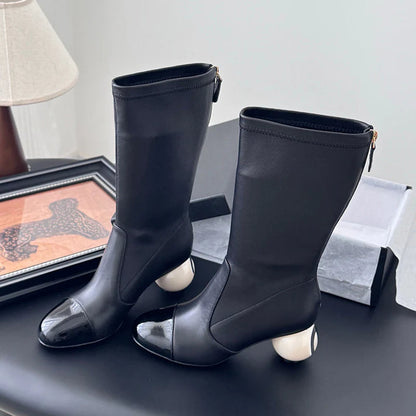 Big pearl chunky heel mid-calf boots