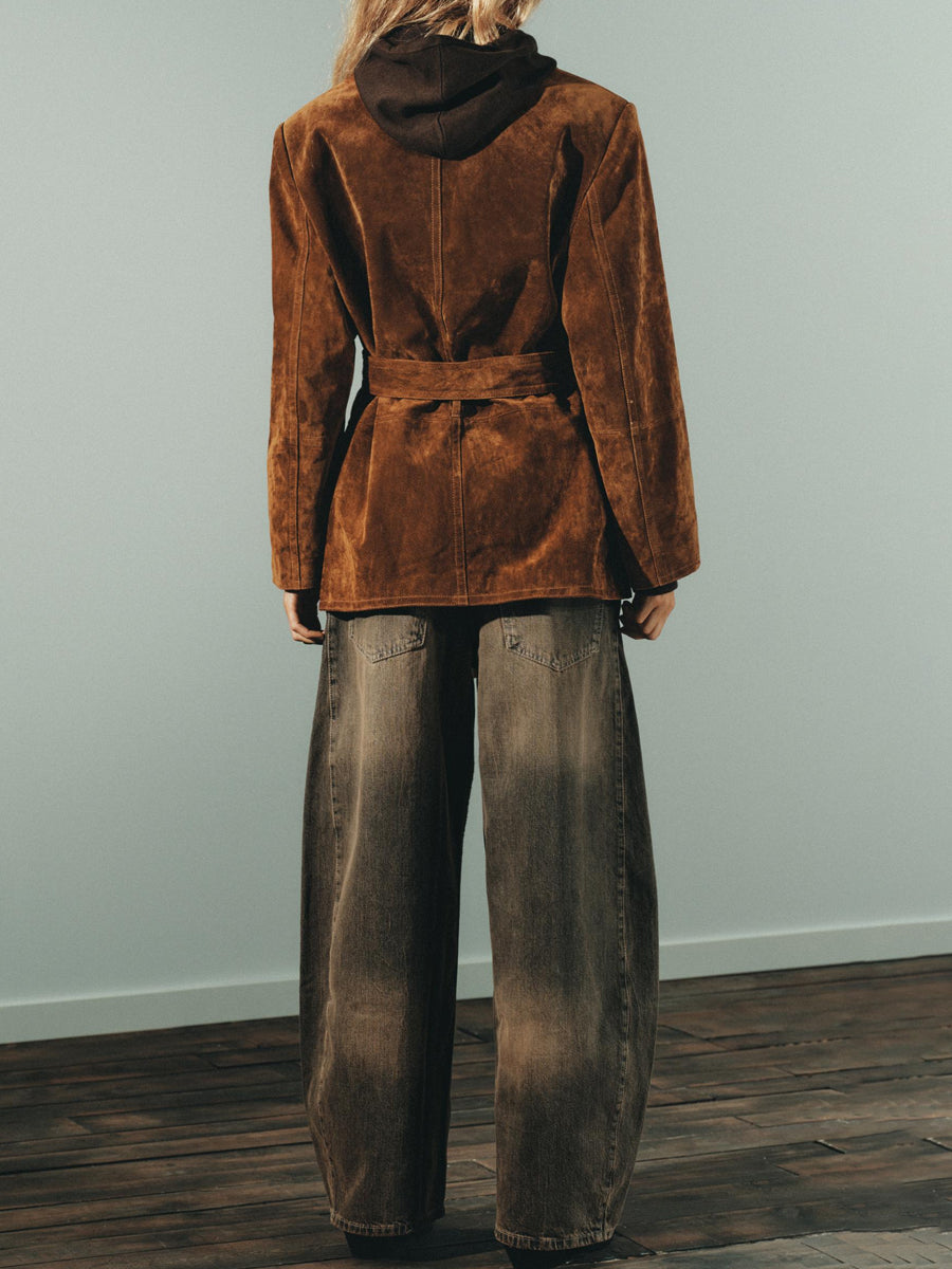 Front Flap Pockets Suede Leather Belted Blazer