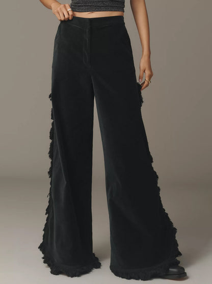 Fringed Velvet Flowy Wide-leg Trousers