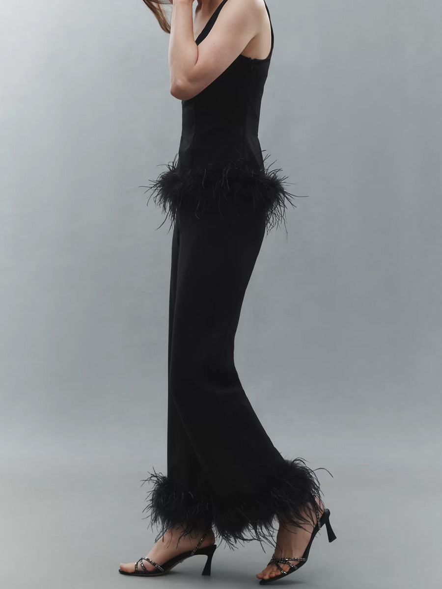 Feather Hem Detail Cropped Length Pants