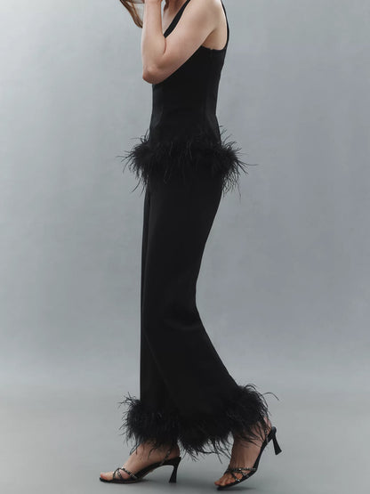 Feather Hem Detail Cropped Length Pants