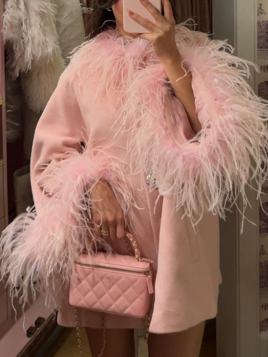 Shinny Fur Sleeves Feather Coat