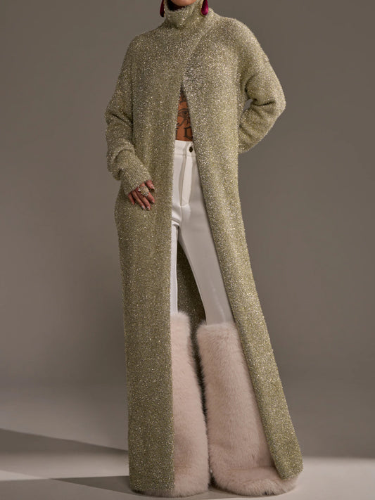 Ribbed Knit Mock Neck Metallic Sweater