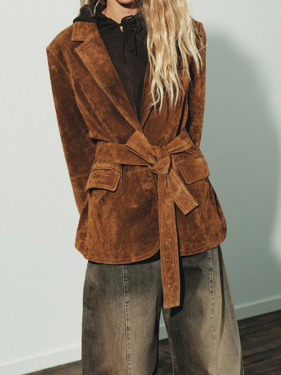 Front Flap Pockets Suede Leather Belted Blazer