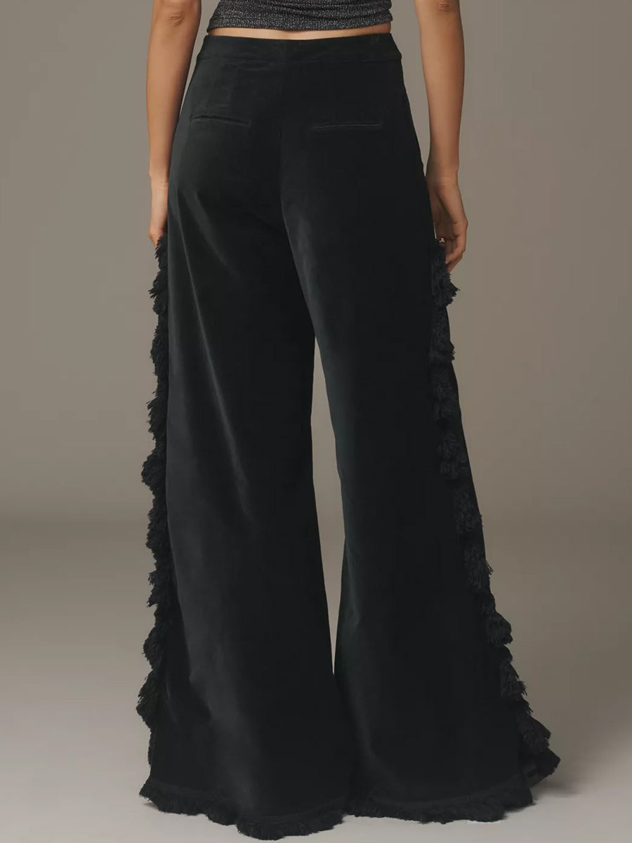 Fringed Velvet Flowy Wide-leg Trousers