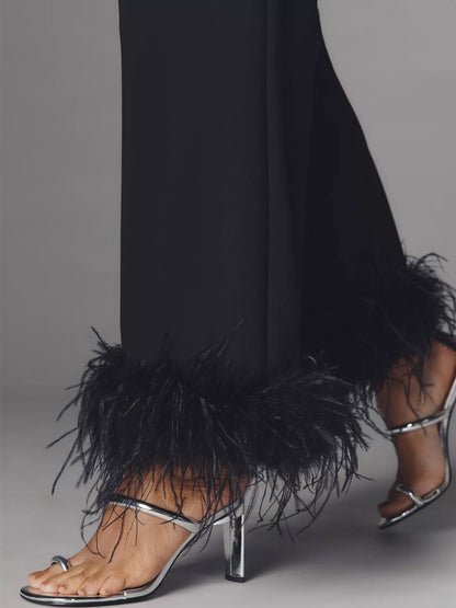 Feather Hem Detail Cropped Length Pants