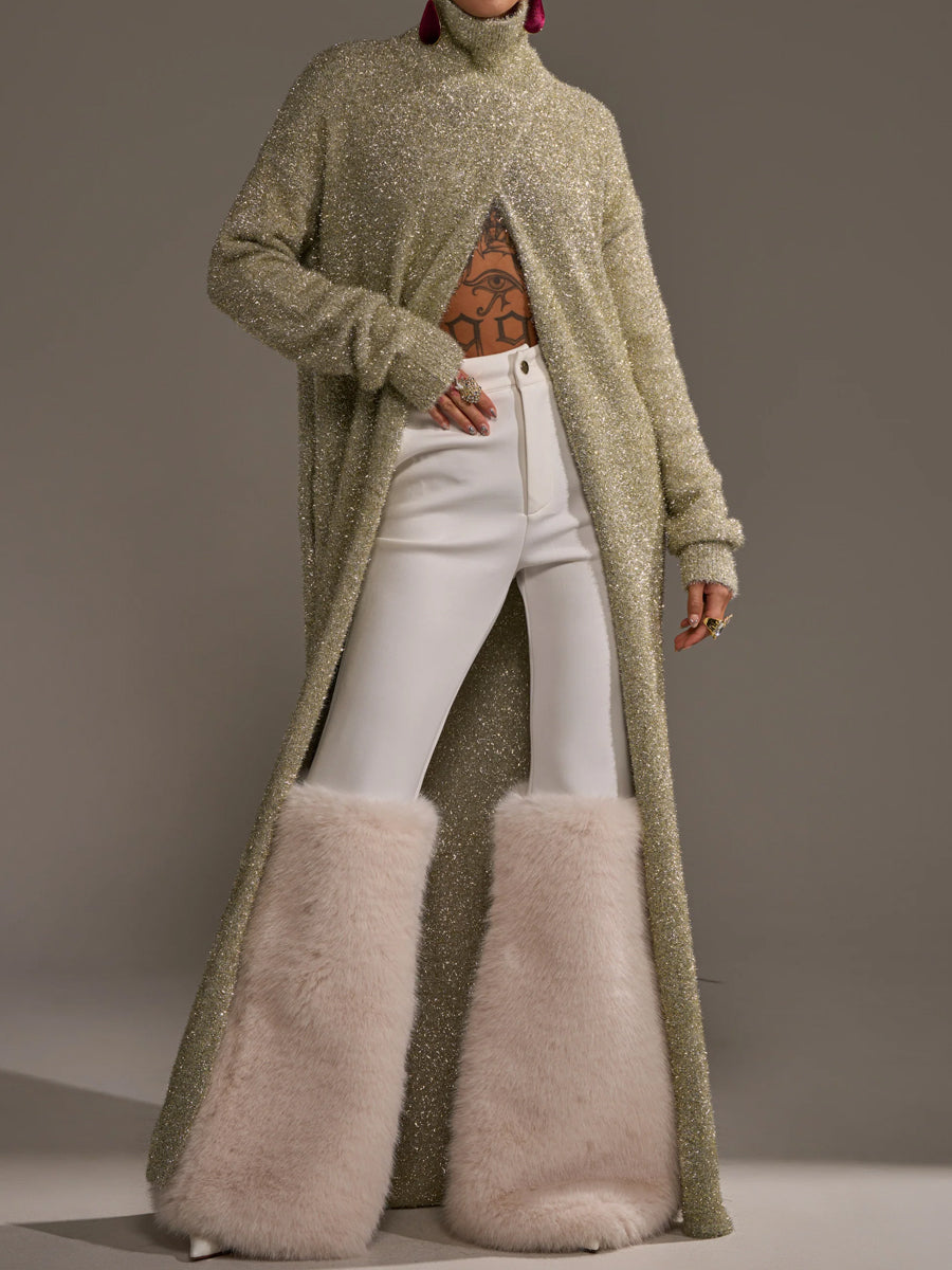 Ribbed Knit Mock Neck Metallic Sweater