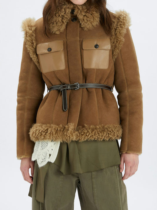 Notched Collar Suede & Shearling Jacket