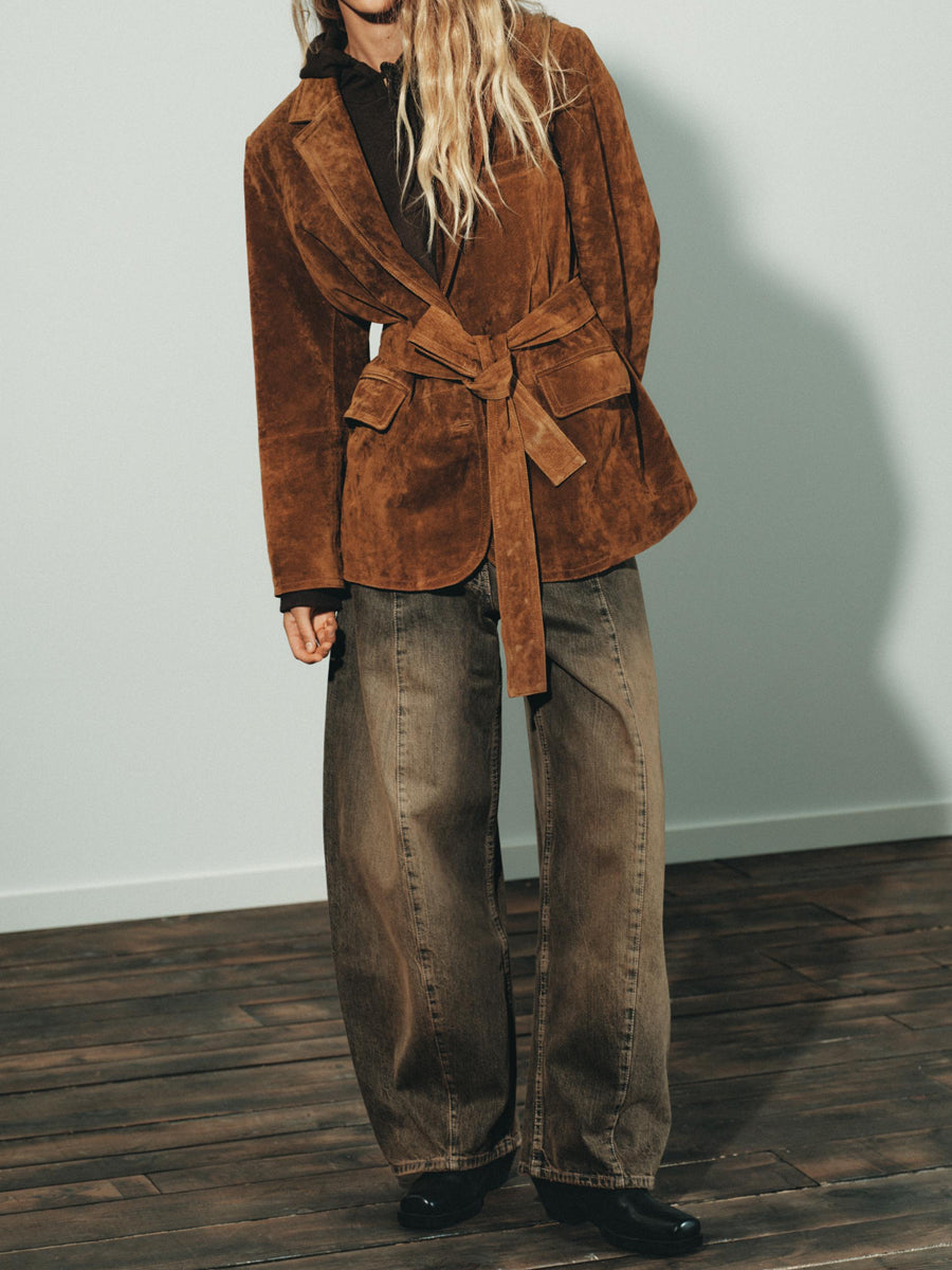 Front Flap Pockets Suede Leather Belted Blazer