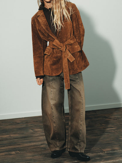 Front Flap Pockets Suede Leather Belted Blazer