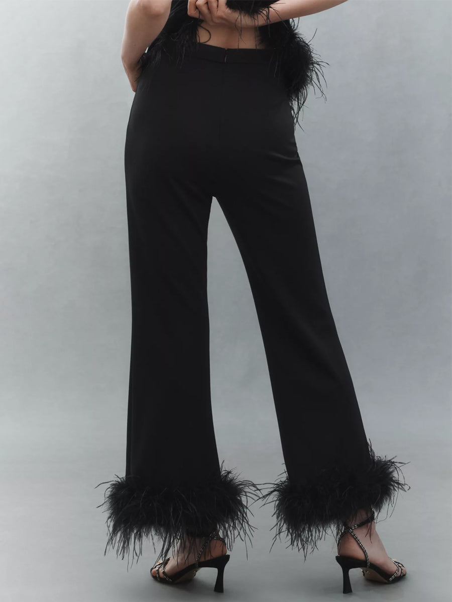 Feather Hem Detail Cropped Length Pants