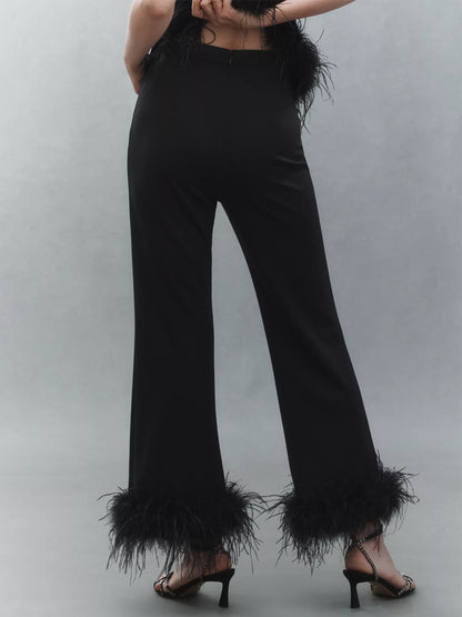 Feather Hem Detail Cropped Length Pants
