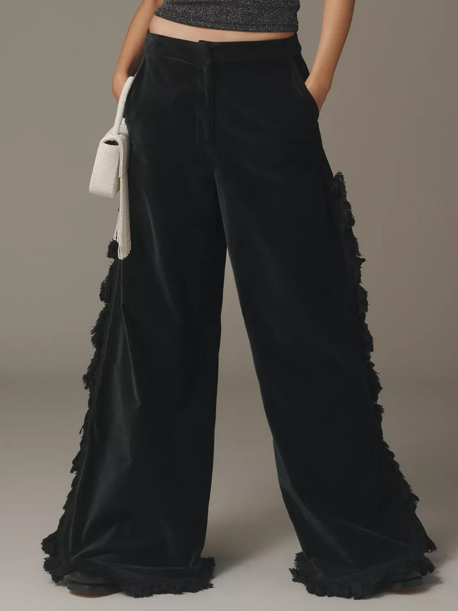 Fringed Velvet Flowy Wide-leg Trousers