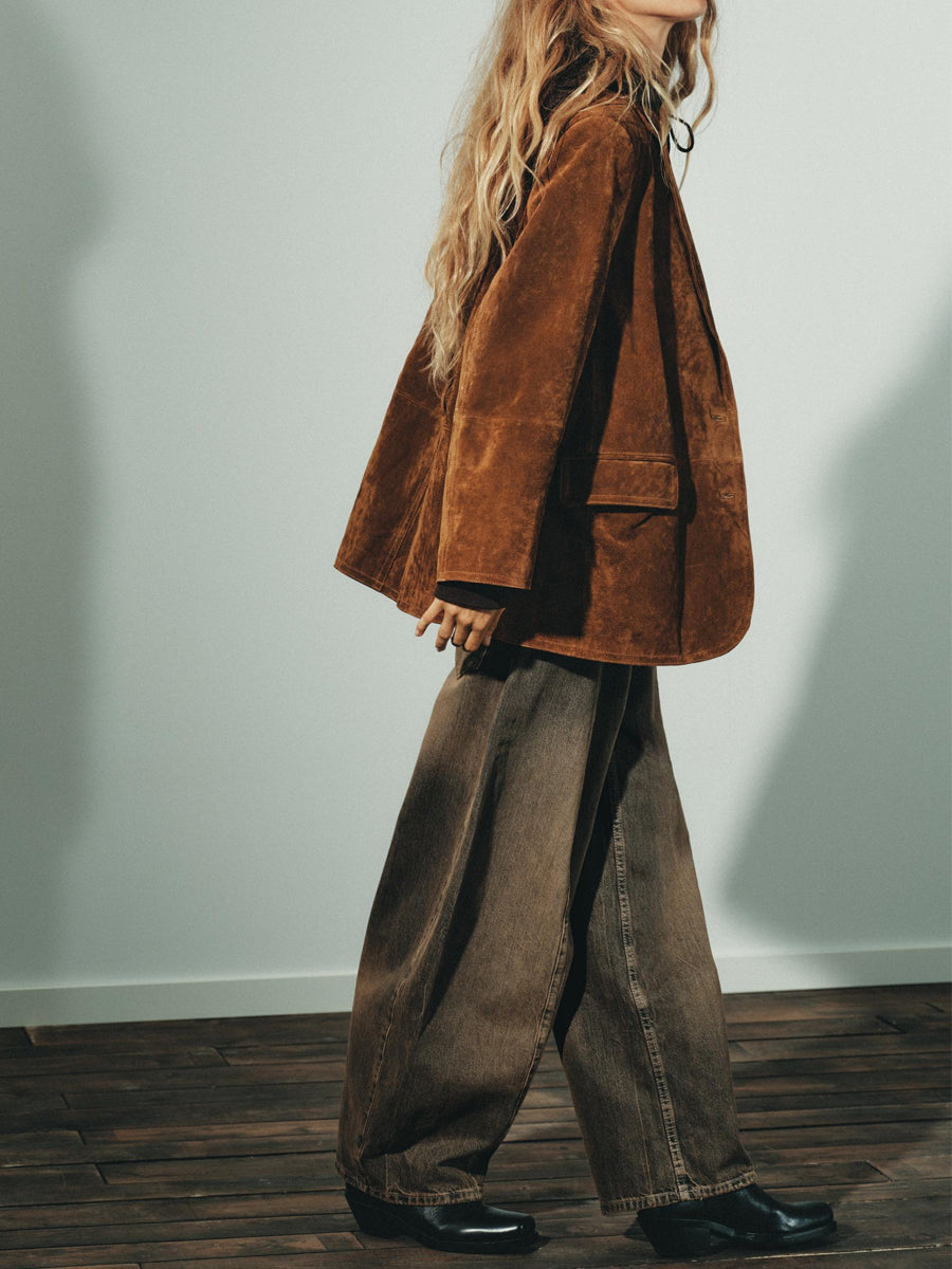 Front Flap Pockets Suede Leather Belted Blazer