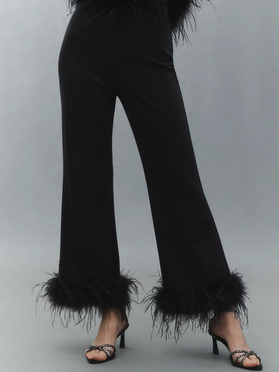 Feather Hem Detail Cropped Length Pants