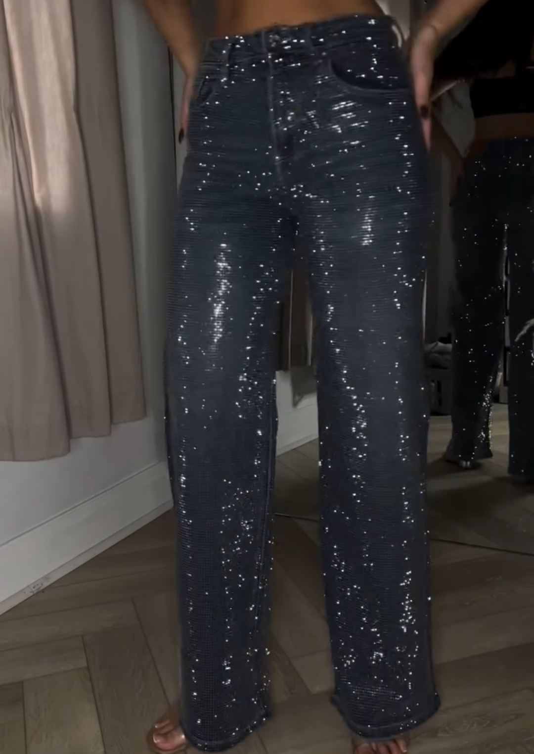 Dark Blue Diamanté Wide Leg Sparkle Covered Jeans