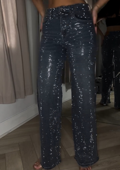 Dark Blue Diamanté Wide Leg Sparkle Covered Jeans