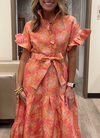 Stylish Ruffle Short Sleeve Tie Waist Dress