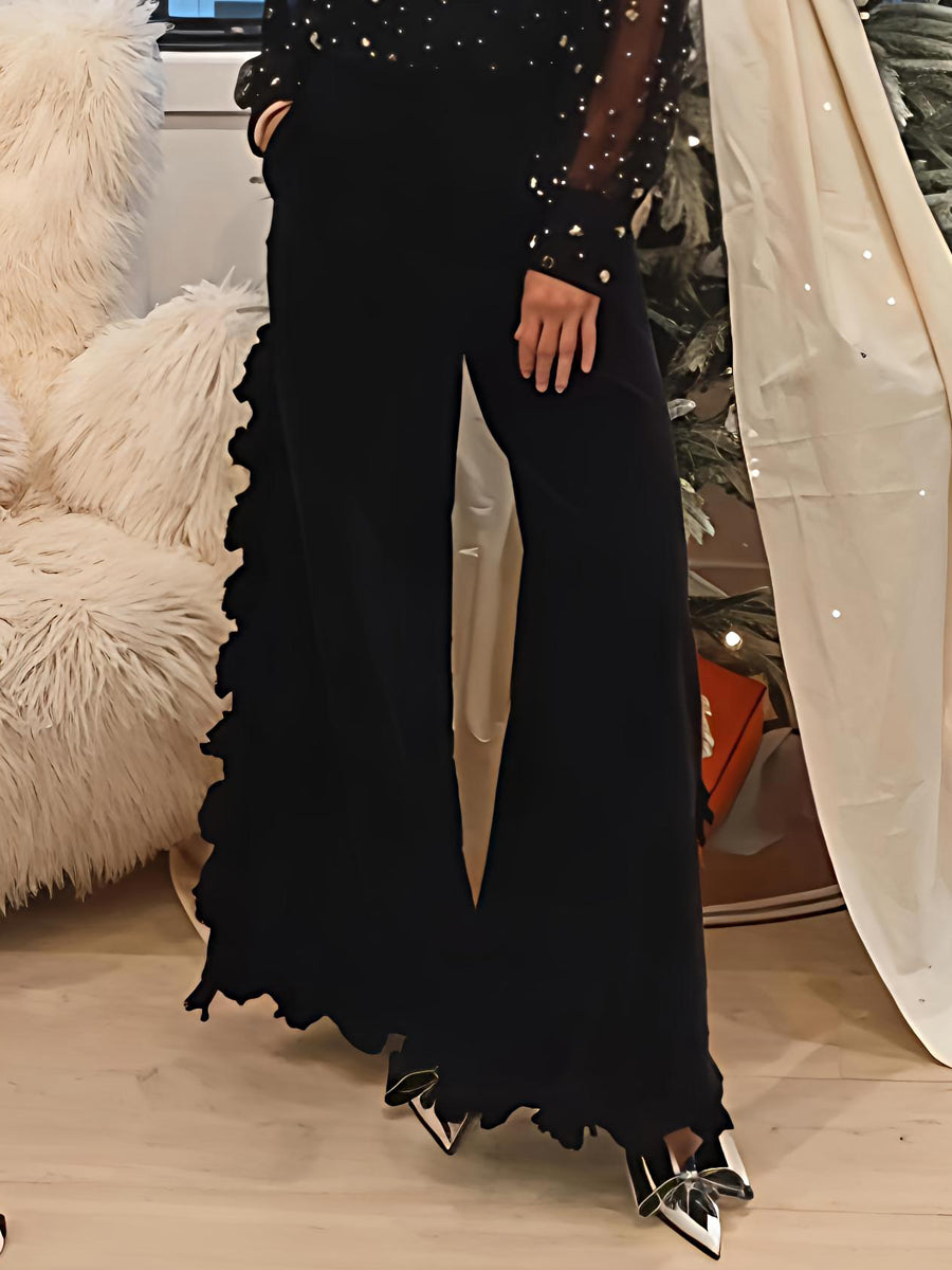 Fringed Velvet Flowy Wide-leg Trousers