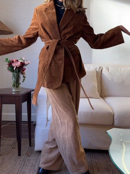 Front Flap Pockets Suede Leather Belted Blazer