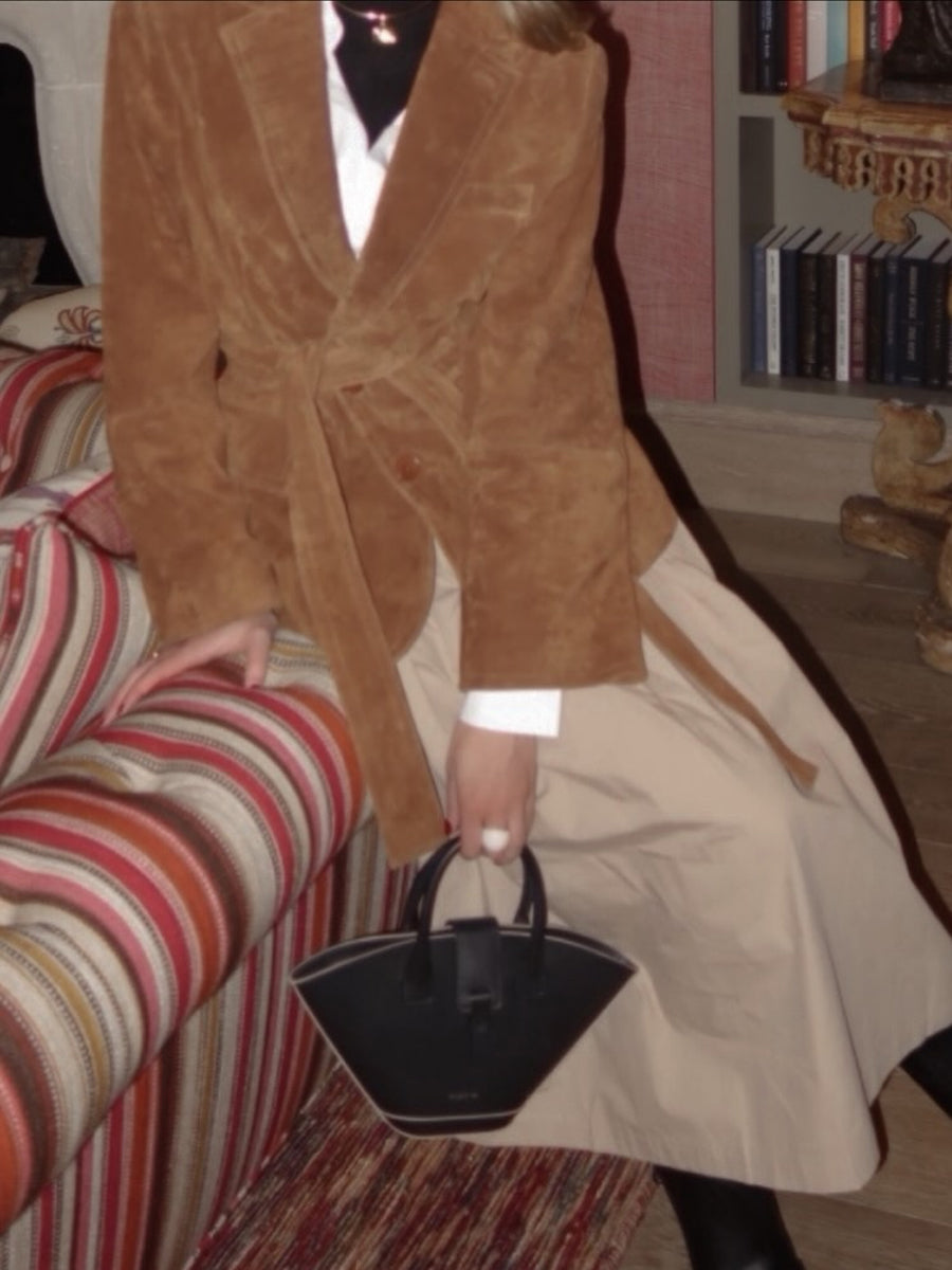 Front Flap Pockets Suede Leather Belted Blazer