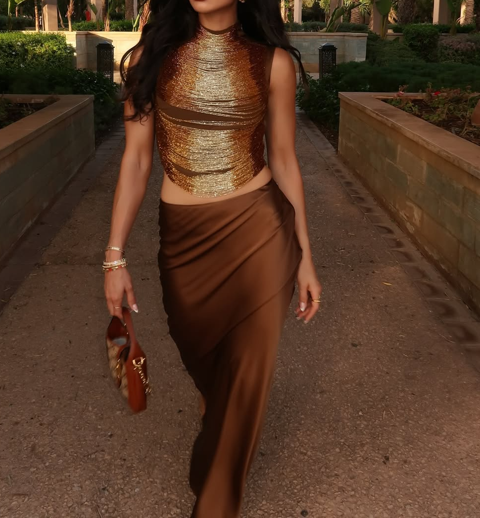 Gold tassel satin two-piece dress