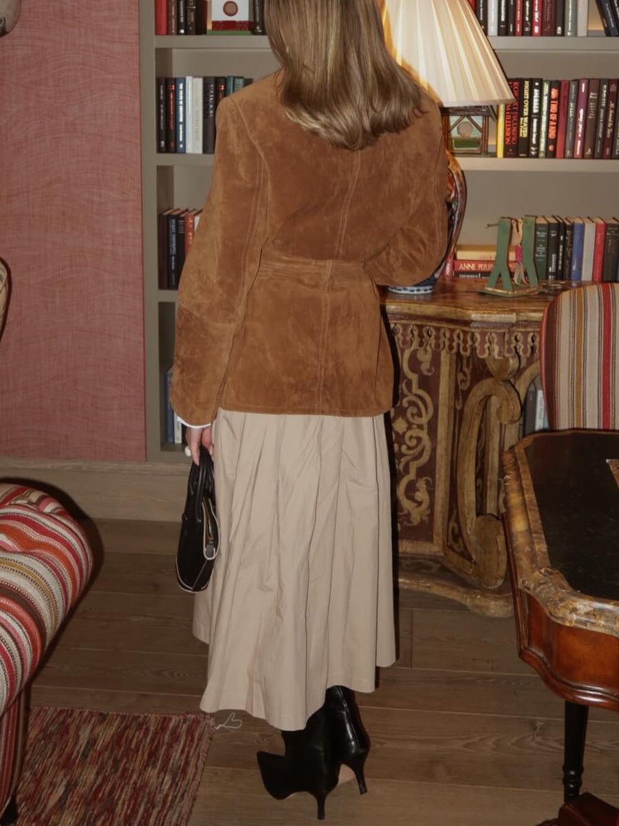 Front Flap Pockets Suede Leather Belted Blazer