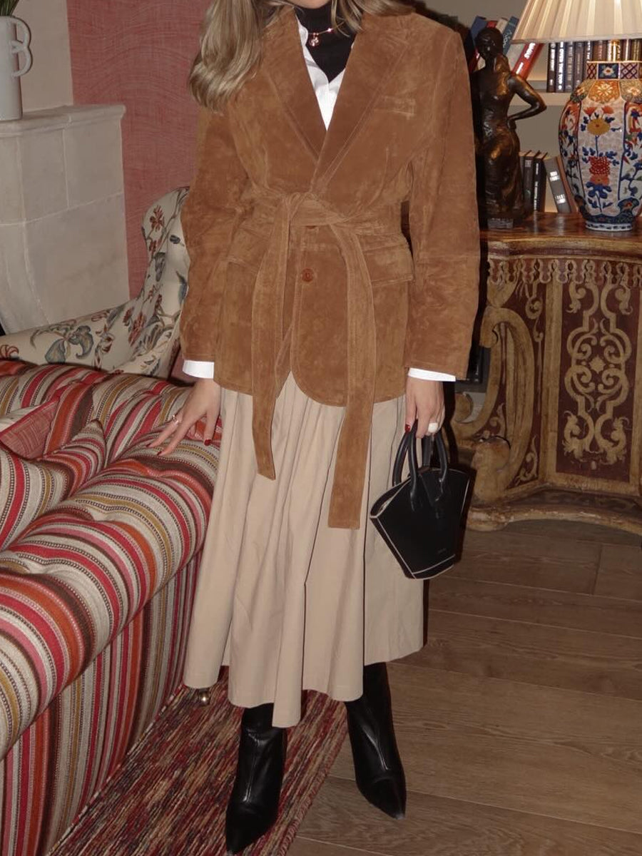 Front Flap Pockets Suede Leather Belted Blazer