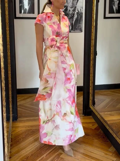 Elegant floral print shirt collar maxi dress